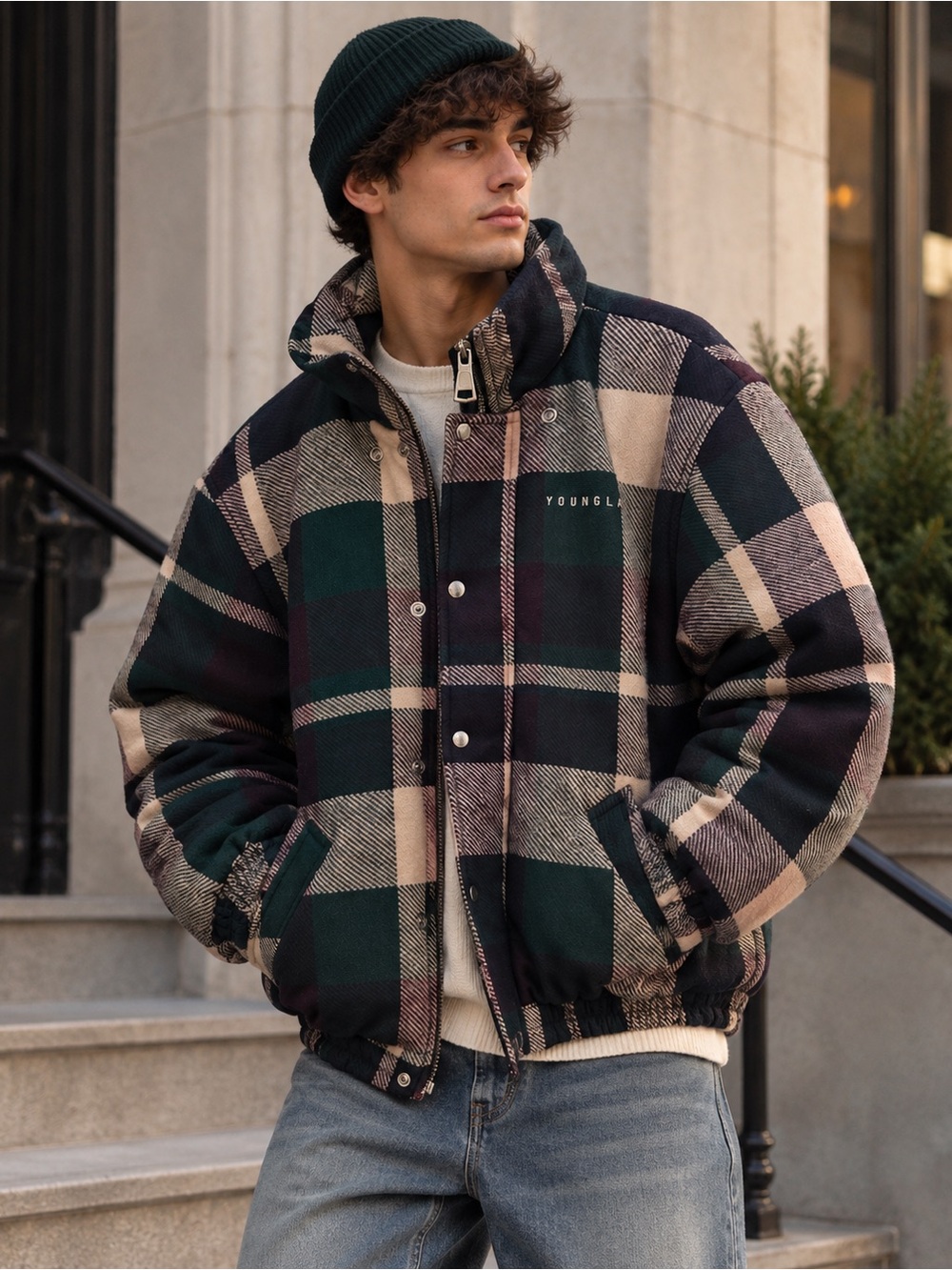YOUNGLA Plaid Puffer Jacket Quilted Green Burgundy Streetwear